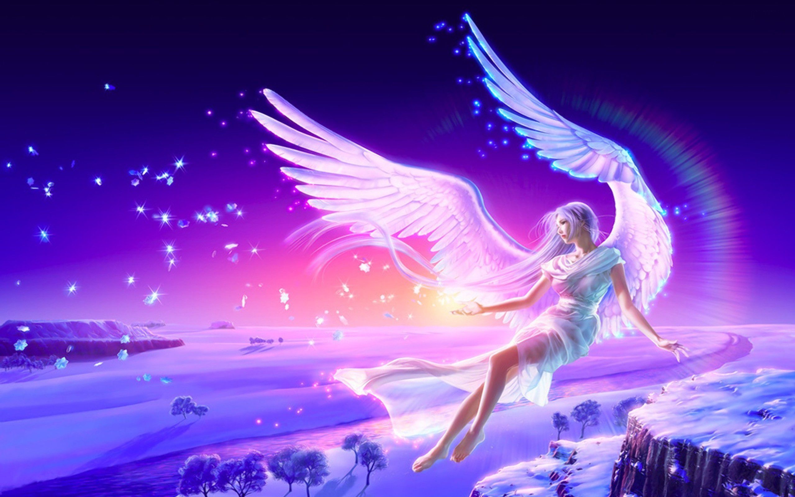 Beautiful White Angel Purple Sky Full HD Wallpaper Image Picture