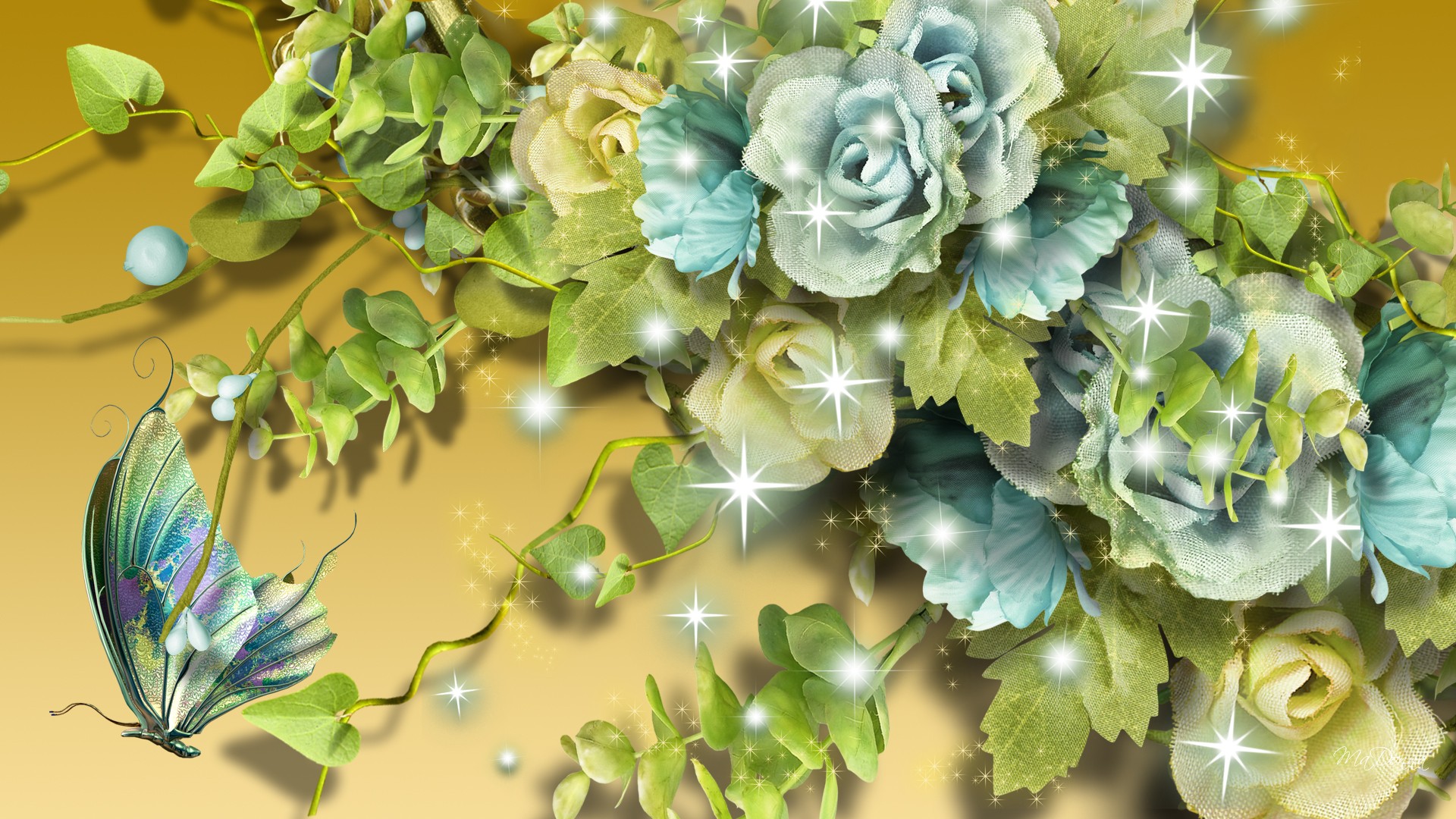 Free Download Beautiful Aqua Flowers On Gold Wallpaper