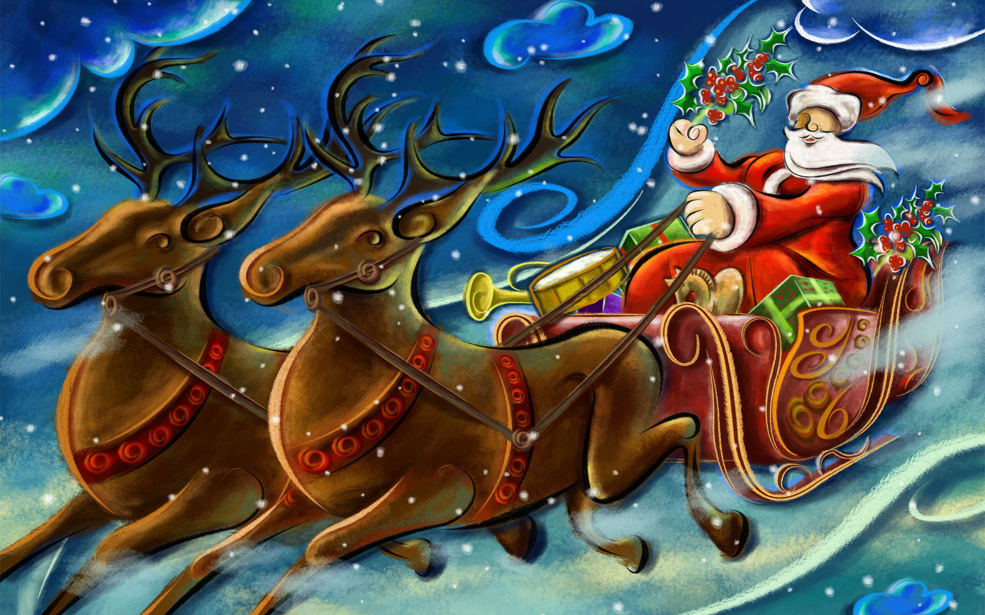 Santa Claus With Reindeers High Definition Wallpaper Image 2014