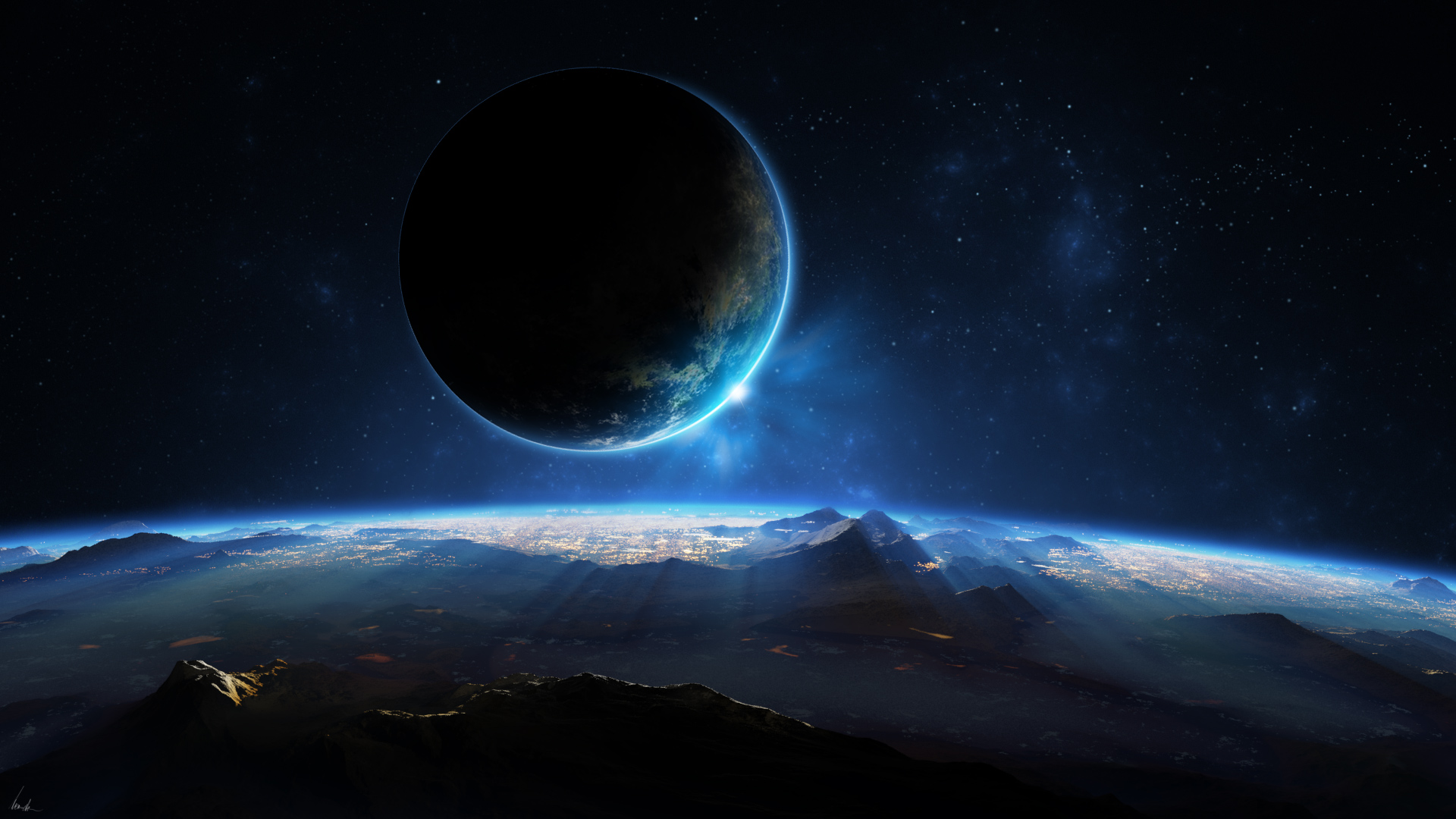 Moon, Earth and Stars HD Wallpaper
